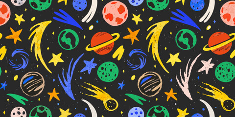 Colorful space pattern featuring planets stars and comets vector illustration © Sabita