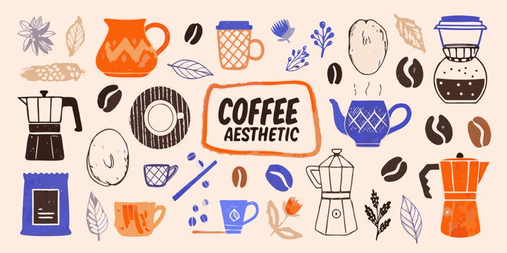 Coffee themed vector illustration with beans pots and cups in a hand drawn style