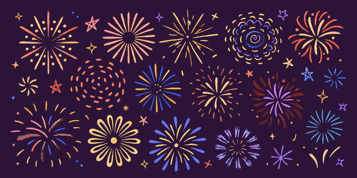 Colorful Fireworks Vector Illustration With Sparkling Trails And Radial Bursts