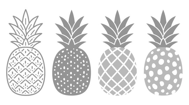 Set of four decorative pineapple illustrations with different graphic patterns including dots, lines and grids for tropical design elements