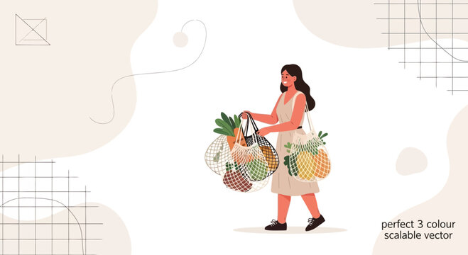 Woman with Eco-Friendly Mesh Bags of Fresh Produce, Embracing Sustainable Shopping and Healthy Lifestyle