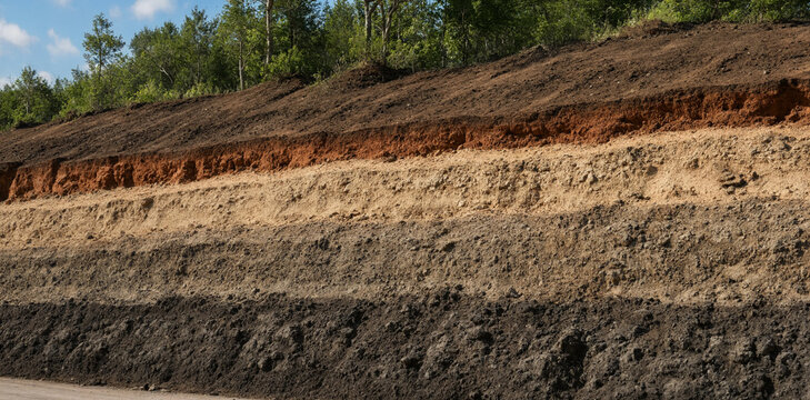 Geological soil profile showing different layers of earth strata with brown and black sediment composition cross section sediment formation geological landscape environmental groundwork