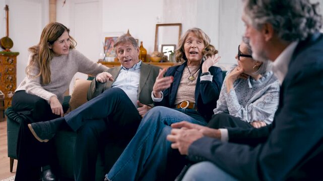 Lively group of mature friends enjoying a spirited discussion while sitting together on a sofa in a cozy living room, sharing stories and laughs