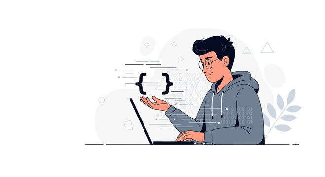 Young man programmer working on laptop with coding symbols and binary code floating around