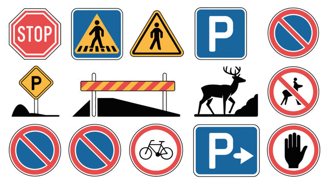 Collection of road signs and traffic symbols for parking and pedestrian safety