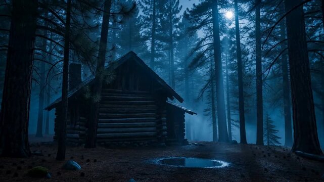 Spooky Halloween Cabin in Dark Misty Forest at Night - Eerie Woods, Horror, Mystery, Thriller Background for Commercial Use