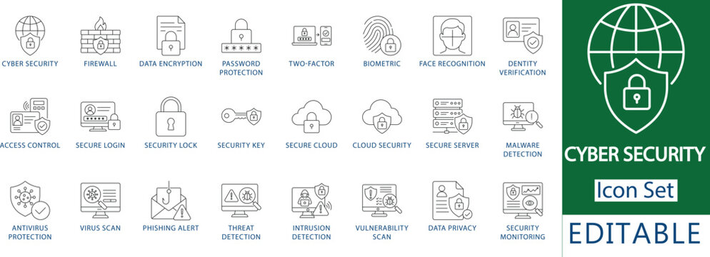 cybersecurity icon set: professional network security and data encryption, biometric identity verification, cloud protection, threat detection, and malware scanning line icons