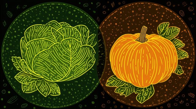 Stylized illustration depicts a green cabbage and an orange gourd side by side in contrasting circles
