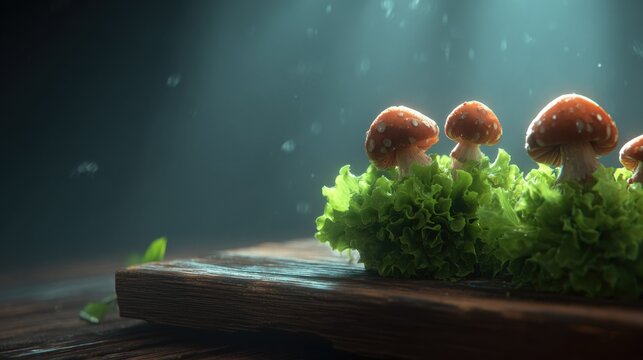 Small orange capped fungi sprout from bright green leafy vegetables resting on a rustic wooden surface