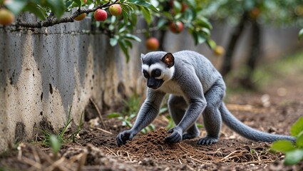 Fototapeta premium Ring tailed lemur walking near tree trunk in natural wildlife habitat