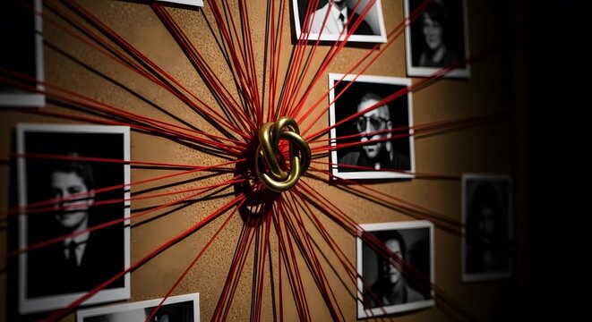Crime investigation conspiracy board with black and white photos connected by red strings to a central golden knot.
