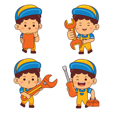cute mechanic boy cartoon character illustration