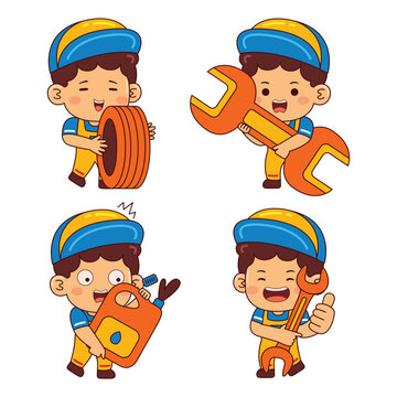 cute mechanic boy cartoon character illustration