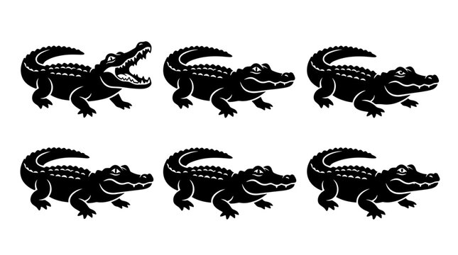 Set of black crocodile silhouettes isolated on a white background vector illustration of wild alligator icons in different poses