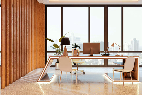 Modern luxury office interior featuring premium desk, wooden elements, glass windows and contemporary furniture in bright corporate workspace. 3D Rendering