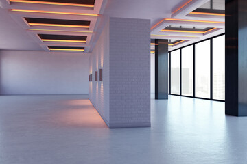 Naklejka premium Modern empty gallery interior with illuminated brick wall, large windows and contemporary ceiling lights in spacious hall. 3D Rendering
