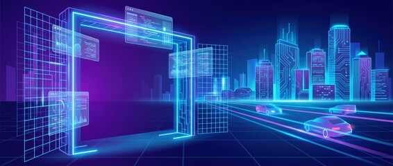 Obraz premium Futuristic neon gateway with vibrant electric circuits on a deep purple backdrop, glowing lines forming a high-tech digital interface, modern technology concept with dynamic light effects.