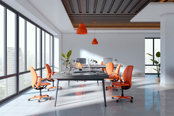 Naklejka premium Modern open space office interior with orange chairs, large windows, contemporary workstations and bright corporate workplace design. 3D Rendering