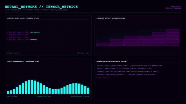Neural Network AI Training Dashboard Deep Learning Tensor Metrics Animation.