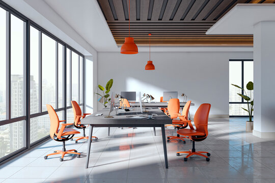 Modern open space office interior with orange chairs, large windows, contemporary workstations and bright corporate workplace design. 3D Rendering