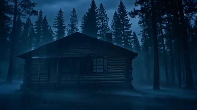 Isolated Wooden Cabin in Dark Forest at Night: Spooky Wilderness Retreat, Horror Film Setting, Eerie Woodland Dwelling