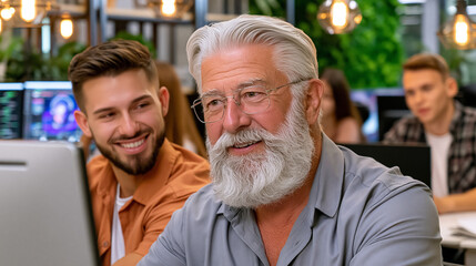 Fototapeta premium Dynamic Multigenerational Business Mentorship: Fostering Innovation and Success in a Modern Digital Workspace│Guidance and Collaboration for Young Professionals and Experienced Advisors
