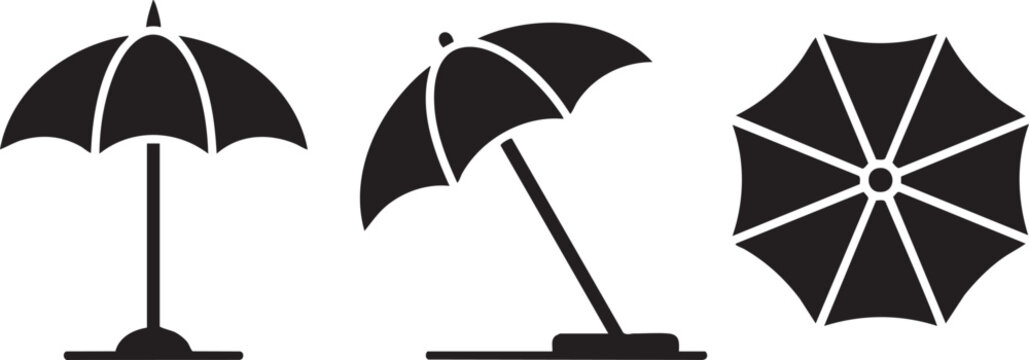 Beach umbrella icon set in black silhouette, patio sunshade vector illustrations, 3 outdoor parasol elements for summer vacation design