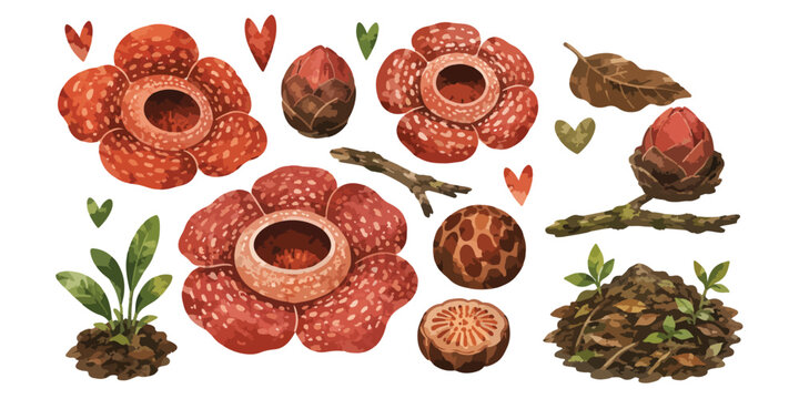 Watercolor rafflesia arnoldii giant corpse flowers botanical set