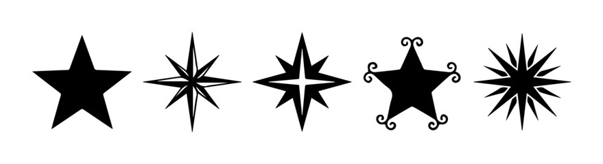 Obraz premium Diverse Star Icons Set, Black Vector Graphics, Celestial and Decorative Star Shapes for Design Projects