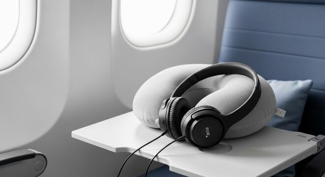 Comfortable travel headphones and neck pillow on airplane tray table near window