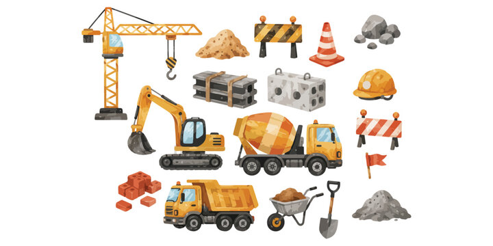 Watercolor construction vehicles and building equipment