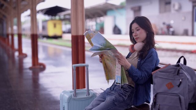 Young Asian woman traveler reading paper map while waiting with suitcase and backpack at outdoor train station platform during solo journey
