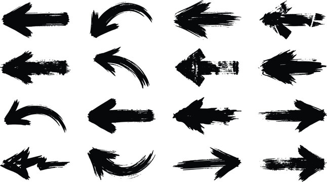 Grunge black ink brush stroke arrows, set of 16 hand drawn textured pointer icons, rustic charcoal paint arrow vector collection for graphic design