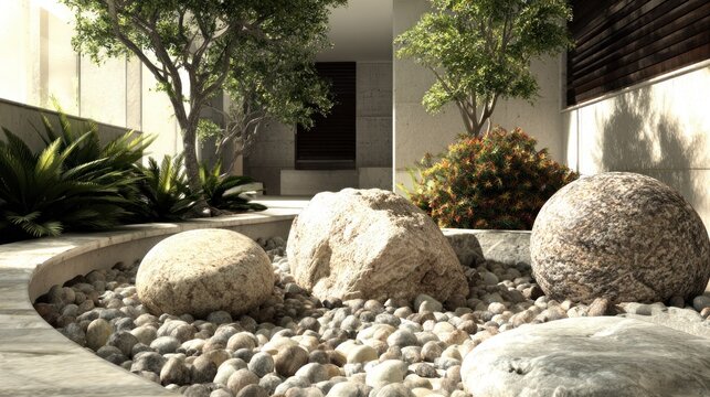 Large rounded stones and various plants create a tranquil rock garden landscape design