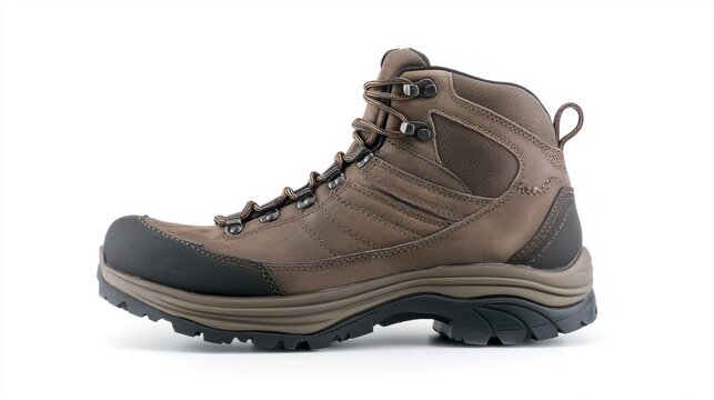 A single brown leather hiking boot with black accents on a white background