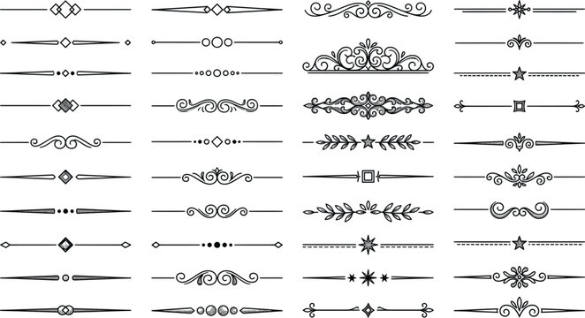 Vintage decorative dividers and ornamental borders set, 32 elegant black line flourishes for wedding invitations, classic filigree vector page breaks