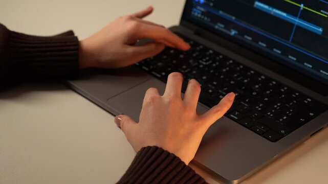 Close-Up Hands Using Laptop at Night