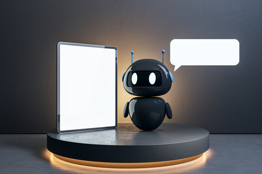 Black glossy chatbot robot standing beside blank digital tablet on round platform with glowing base in dark room showcasing modern tech design. 3D Rendering