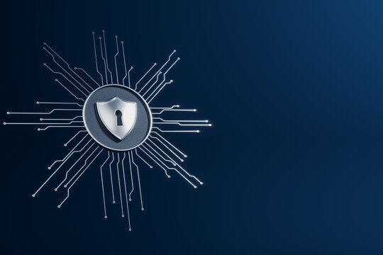 Digital security shield icon with circuit lines on dark blue background symbolizing modern cyber protection technology. 3D Rendering