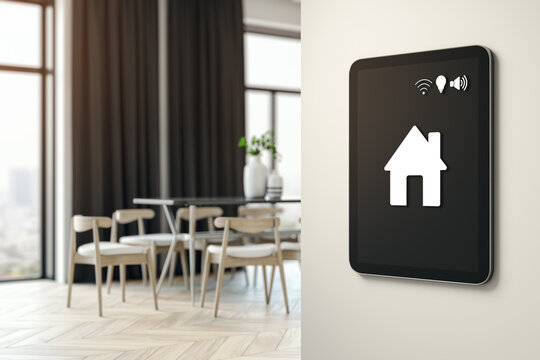 Smart home control panel on wall in modern interior room with digital interface icons and stylish indoors background concept scene. 3D Rendering