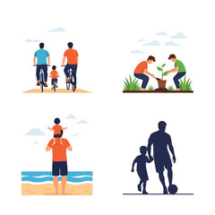 Fototapeta premium Father and children cycling, planting, piggyback ride, playing football, outdoor family fun.