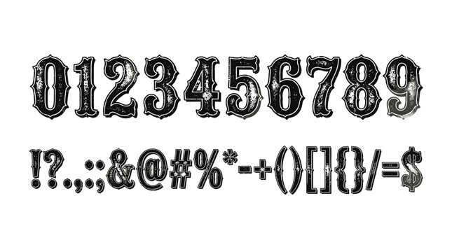 Decorative western style font numerals and symbols including numbers 0-9 and common punctuation marks like exclamation point, comma, question mark, ampersand, hash, percent, asterisk, hyphen, 