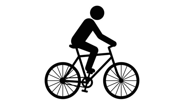 A black silhouette icon of a man riding a bicycle on a white background, representing healthy living, urban commuting, and sustainable travel