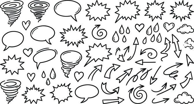 Hand drawn doodle elements set, black ink sketch arrows and speech bubbles, comic style weather icons and hearts, vector eps collection
