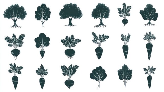 Collection of stylized dark green silhouettes depicting various trees and root vegetables