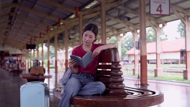 Young Asian woman traveler reading book while waiting with luggage on decorative wooden bench at covered outdoor train station platform