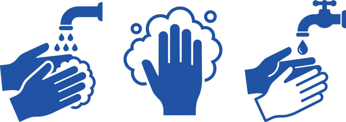 Obraz premium Hand washing icons set in blue vector style, hygiene and sanitation symbols for public health, soap and water faucet illustrations for safety signage