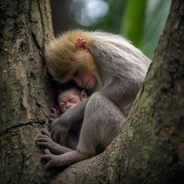 monkey with baby on a tree