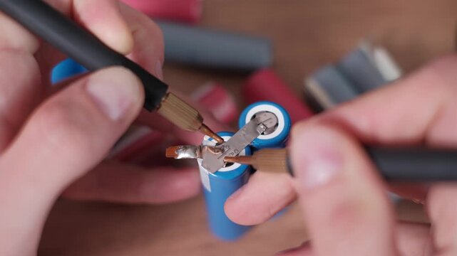 Close-up of a technician aligning spot welding probes to join nickel strips between lithium-ion cells. The focus on precision demonstrates safety in energy systems manufacturing.