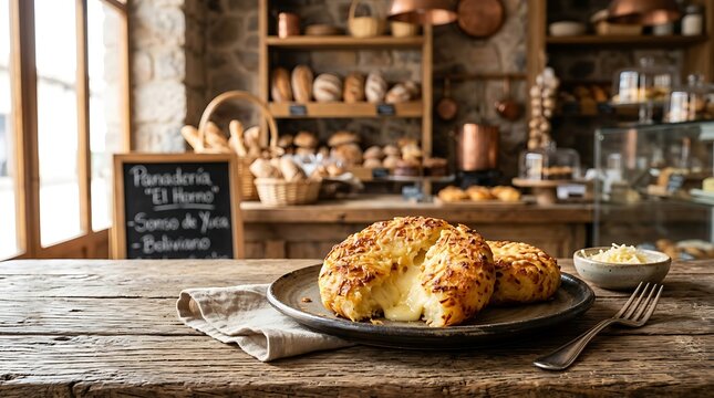 Freshly baked Bolivian Sonso traditional cheese bread on wooden table in rustic bakery with warm sunlight